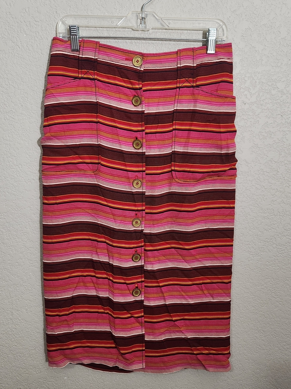 Tory Burch Skirt Striped Button Front Midi Pink Brown & Orange